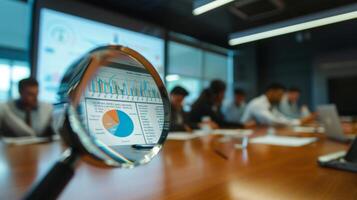 Close-Up of Magnifying Glass Focused on Stock Market Indicators with Blurred Background photo