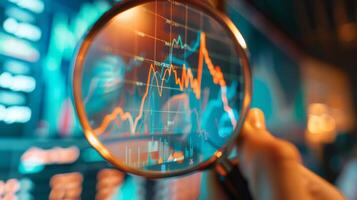 Close-Up of Magnifying Glass Focused on Stock Market Indicators with Blurred Background photo