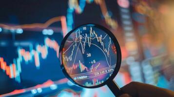 Close-Up of Magnifying Glass Focused on Stock Market Indicators with Blurred Background photo