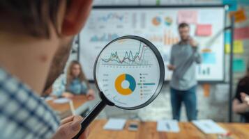 Close-Up of Magnifying Glass Focused on Stock Market Indicators with Blurred Background photo