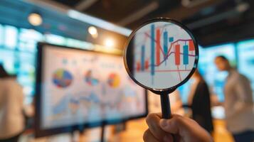 Close-Up of Magnifying Glass Focused on Stock Market Indicators with Blurred Background photo