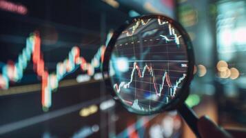 Close-Up of Magnifying Glass Focused on Stock Market Indicators with Blurred Background photo