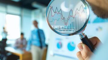 Close-Up of Magnifying Glass Focused on Stock Market Indicators with Blurred Background photo