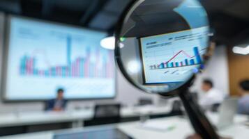 Close-Up of Magnifying Glass Focused on Stock Market Indicators with Blurred Background photo