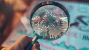 Close-Up of Magnifying Glass Focused on Stock Market Indicators with Blurred Background photo