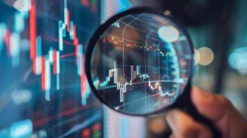 Close-Up of Magnifying Glass Focused on Stock Market Indicators with Blurred Background photo