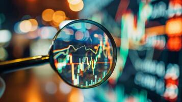 Close-Up of Magnifying Glass Focused on Stock Market Indicators with Blurred Background photo