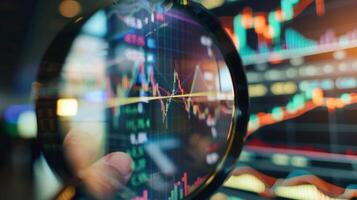 Close-Up of Magnifying Glass Focused on Stock Market Indicators with Blurred Background photo