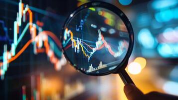 Close-Up of Magnifying Glass Focused on Stock Market Indicators with Blurred Background photo