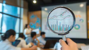 Close-Up of Magnifying Glass Focused on Stock Market Indicators with Blurred Background photo