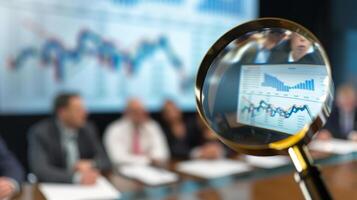 Close-Up of Magnifying Glass Focused on Stock Market Indicators with Blurred Background photo