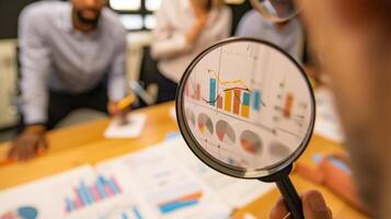 Close-Up of Magnifying Glass Focused on Stock Market Indicators with Blurred Background photo