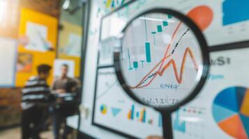 Close-Up of Magnifying Glass Focused on Stock Market Indicators with Blurred Background photo