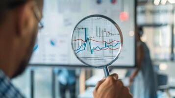 Close-Up of Magnifying Glass Focused on Stock Market Indicators with Blurred Background photo