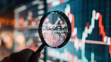 Close-Up of Magnifying Glass Focused on Stock Market Indicators with Blurred Background photo