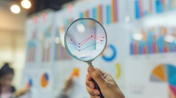 Close-Up of Magnifying Glass Focused on Stock Market Indicators with Blurred Background photo