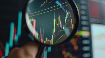 Close-Up of Magnifying Glass Focused on Stock Market Indicators with Blurred Background photo