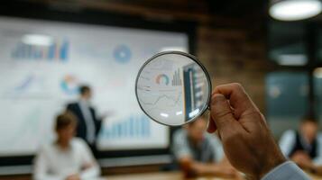 Close-Up of Magnifying Glass Focused on Stock Market Indicators with Blurred Background photo