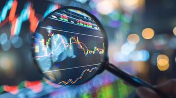 Close-Up of Magnifying Glass Focused on Stock Market Indicators with Blurred Background photo
