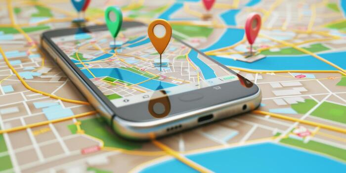 Modern Smartphone Navigation Concept on Digital Map with Real-Time GPS Tracking photo