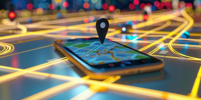 Modern Smartphone Navigation Concept on Digital Map with Real-Time GPS Tracking photo