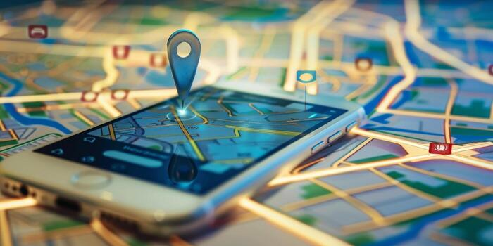Modern Smartphone Navigation Concept on Digital Map with Real-Time GPS Tracking photo