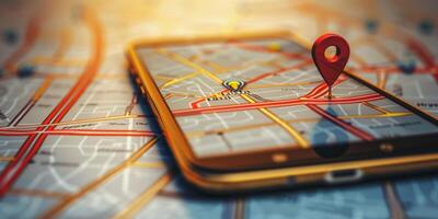 Modern Smartphone Navigation Concept on Digital Map with Real-Time GPS Tracking photo