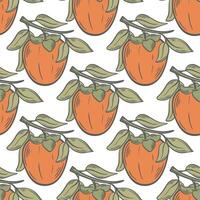 Ripe juicy persimmon on branches with leaves seamless pattern vector