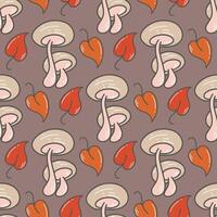 Forest autumn seamless pattern with mushrooms and leaves vector