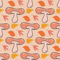 Saffron milk caps mushrooms with colorful falling leaves seamless pattern vector