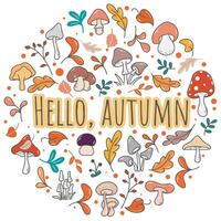 Hello autumn lettering in circle of foliage and mushrooms vector