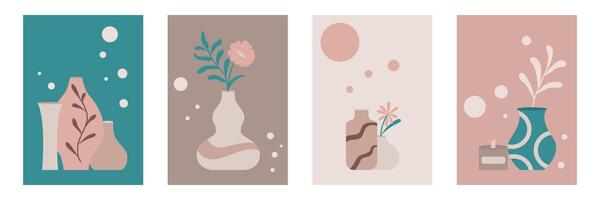 Set of wall paintings with vases and flowers in modern style vector