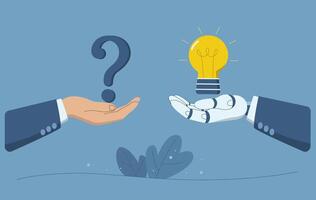 Using artificial intelligence to generate ideas to help solve problems, AI support, creative brainstorming, Human hand holding a question mark and a robot hand holding a light bulb. design. vector
