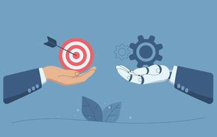 Using artificial intelligence to create work to achieve goals, AI support, Effective creativity in organizations, Human hand holding a targets and robot hand holding a cog wheel. illustration. vector