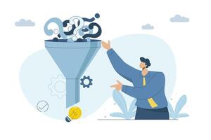Marketing funnel problems, Mobilizing diverse problems and filtering them into ideas to solve or develop the business, Businessman uses sales barrier filter to guide customer. Sales of leader. vector