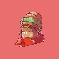 A Burger Character on top of a Ketchup bottle. vector