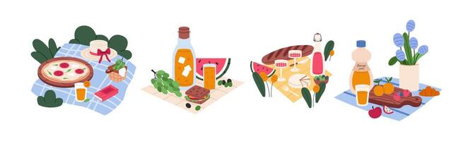 Picnic blanket with food and drinks. Bottle of wine, snacks, fruits and vegetables, juice, cheese, pizza sandwiches and bakery bread. Flat illustrations isolated on white background. vector