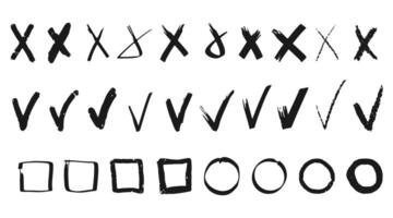 Set of hand-drawn brushes of different shapes and types. Check marks, crosses, circles and squares. Strokes, dabs and swirls. Collection of strokes for emphasis, highlighting, voting, choosing vector