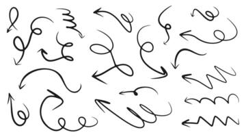 Set of hand drawn various curved lines and arrow curls. Drawing with a marker, different arrows in pen. Isolated icons. Outline direction signs. vector