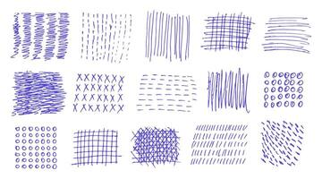Set of different pen stroke textures. Lines, dots and swirls. Marker patterns, grunge scribbles, brush strokes. Set of abstract shapes and curves. Hand drawn blue pen scribbles. vector