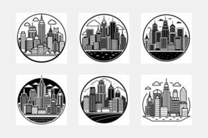 Tall Buildings Silhouette White Background Artwork Set vector