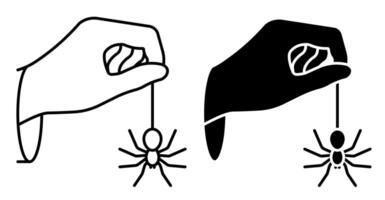 Linear icon. Hand of sorceress holds huge spider on web. Halloween. Magic and witchcraft, rituals. Simple black and white isolated on white background vector
