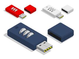 Isometric USB flash drive with mechanical combination lock, USB memory card. Storage of information on removable media. Realistic 3D isolated on white background vector