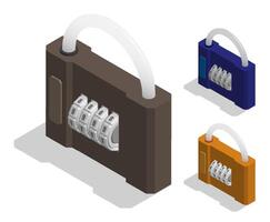 set of isometric closed padlocks with password combination for strong protection. Realistic 3D isolated on white background vector