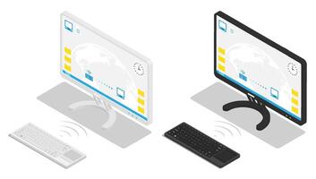 isometric wireless keyboard connects to the all in one computer. Wireless peripheral equipment for workplace organization. Realistic 3D isolated on white back vector