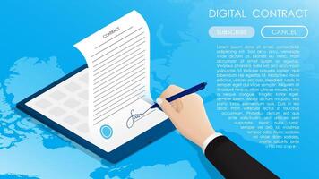 Isometric Concept. Business man hand signs contract, long term agreement on background of world map. Conclusion of transactions and certification of documents with digital signature. vector