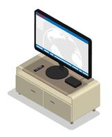 Isometric flat screen TV with satellite box control on wooden stand. Smart TV and home theater viewing at home. Realistic 3D isolated on white background vector