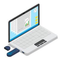 isometric open portable notebook. with USB stick for digital signature. Secure contract conclusion electronically. Modern technology. 3d on white background vector