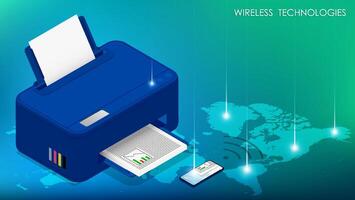 Wireless technology concept. Smartphone sends document to printer for printing using wireless network. Communication between digital devices. vector