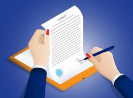 Isometric Concept. Business woman hand signs digital contract, long term agreement in tablet. Conclusion of transactions and certification of documents with digital signature. vector